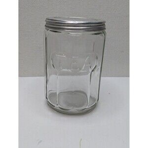 TEA Hoosier Ribbed Glass Jar Aluminum Lid Vintage Antique